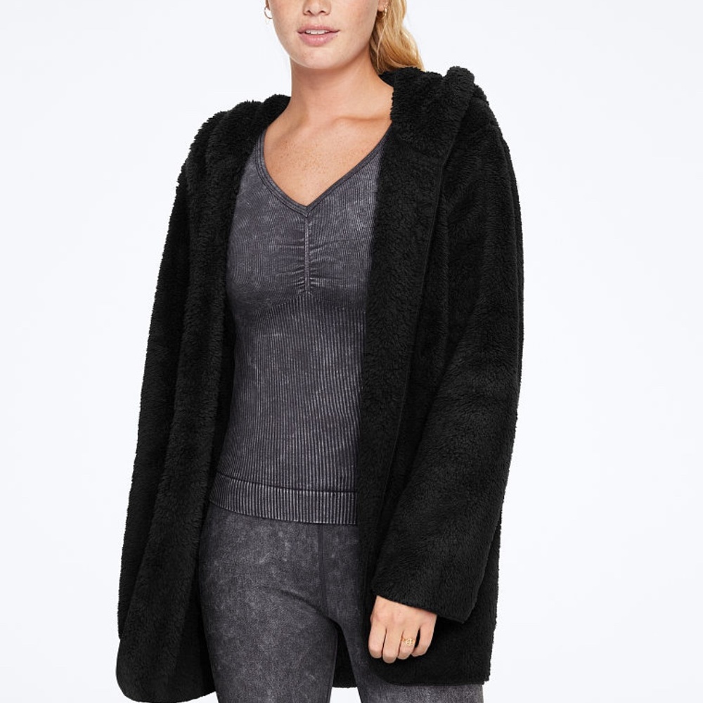 NEW VS Sherpa Hooded Cardigan OS BLACK Victorias Secret